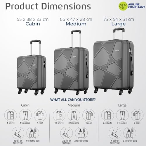 Image of Safari Medium Polypropylene (Pp) Pentagon Hardside Small, & Large Size Spinner 4 Wheels Cabin & Check-in Luggage Set of 3 Suitcase Trolley Bags for Travel-Dark Grey Color,55Cm,66Cm&75Cm,H-54 Cm