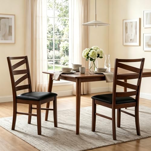 Image of COSTWAY Wooden Dining Chairs Set of 2, Farmhouse Kitchen Side Chair with High Back, PVC Leather Padded Seat, Armless Chairs for Dining Room, Living Room, Home Kitchen, Restaurant (Walnut & Black)