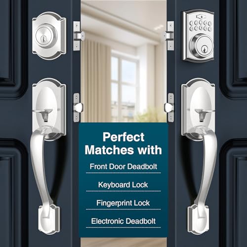 Image of Front Door Handle, Exterior Door Handle with Passage Lever, Vintage Front Entry Door Handle No Lock, Reversible for Left & Right Handed Doors, Lower Half Grip, Brushed Nickel
