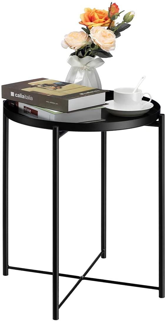 INDIAN DECOR 44118 Tray Metal End Table, Sofa Table Small Round Side Tables, Anti-Rust and Waterproof Outdoor & Indoor Snack Table, Accent Coffee Table,（H） 20.28" x（D） 16.38", Black-image-46