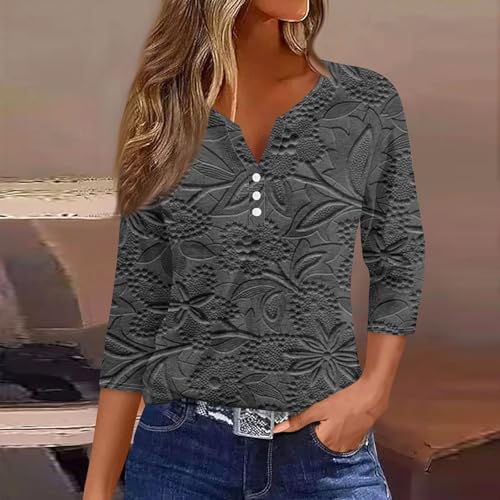 Image of 4th of July Shirts Women 3 /4 Length Sleeve Womens Tops Henley Neck Casual Patriotic T Shirts