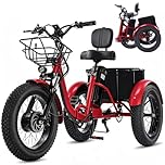 Broobey Electric Tricycle for Adults 48V15Ah Etrike 20"x4" Fat Tire Electric Trike 3-Wheel Folding Electric Tricycle Max 20KM/H With a large-capacity bike basket（red）