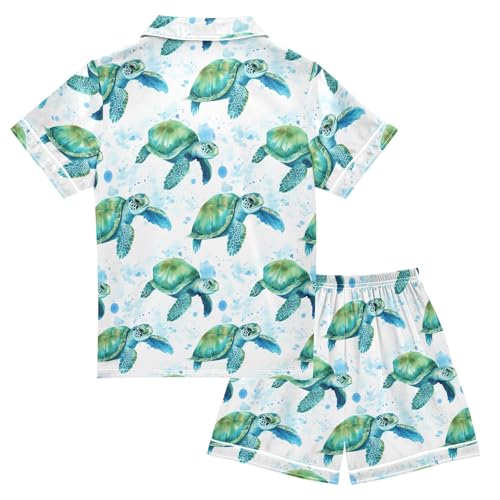 Sea Turtle Pattern Summer Satin Pajama Set, Cute Button-Down Sleepwear Pj Set for Sleep Wears2
