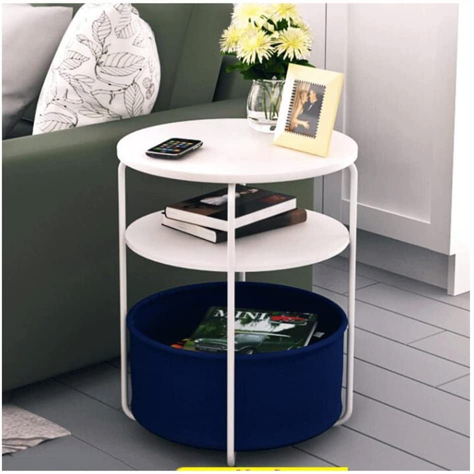 Storage Round Nightstand, Versatile 3 Tiers Coffee Side Table and Fabric Storage Basket, Sofa Side Snack Table, Space Saver Decor