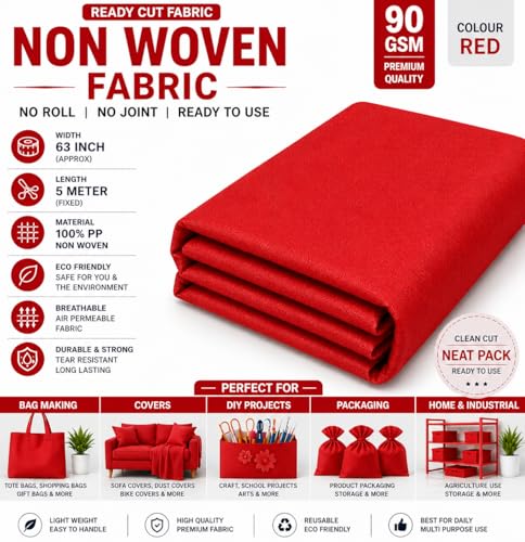 Image of Non-Woven Fabric 90 GSM | 63 Inch (160 cm) Width | 5 Meter Length | Multipurpose Fabric for Bag Making, Lining, Craft & Home Utility | Durable, Easy to Clean & Reusable | Red.