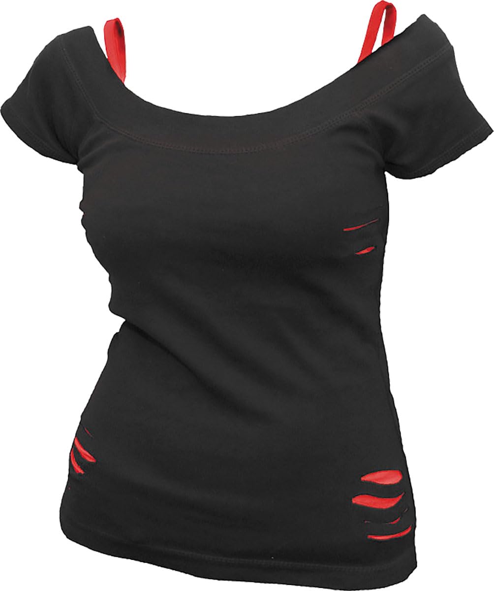 Widezone Women's Black/Red Urban Fashion - 2In1 Ripped Top - Cotton - Size S