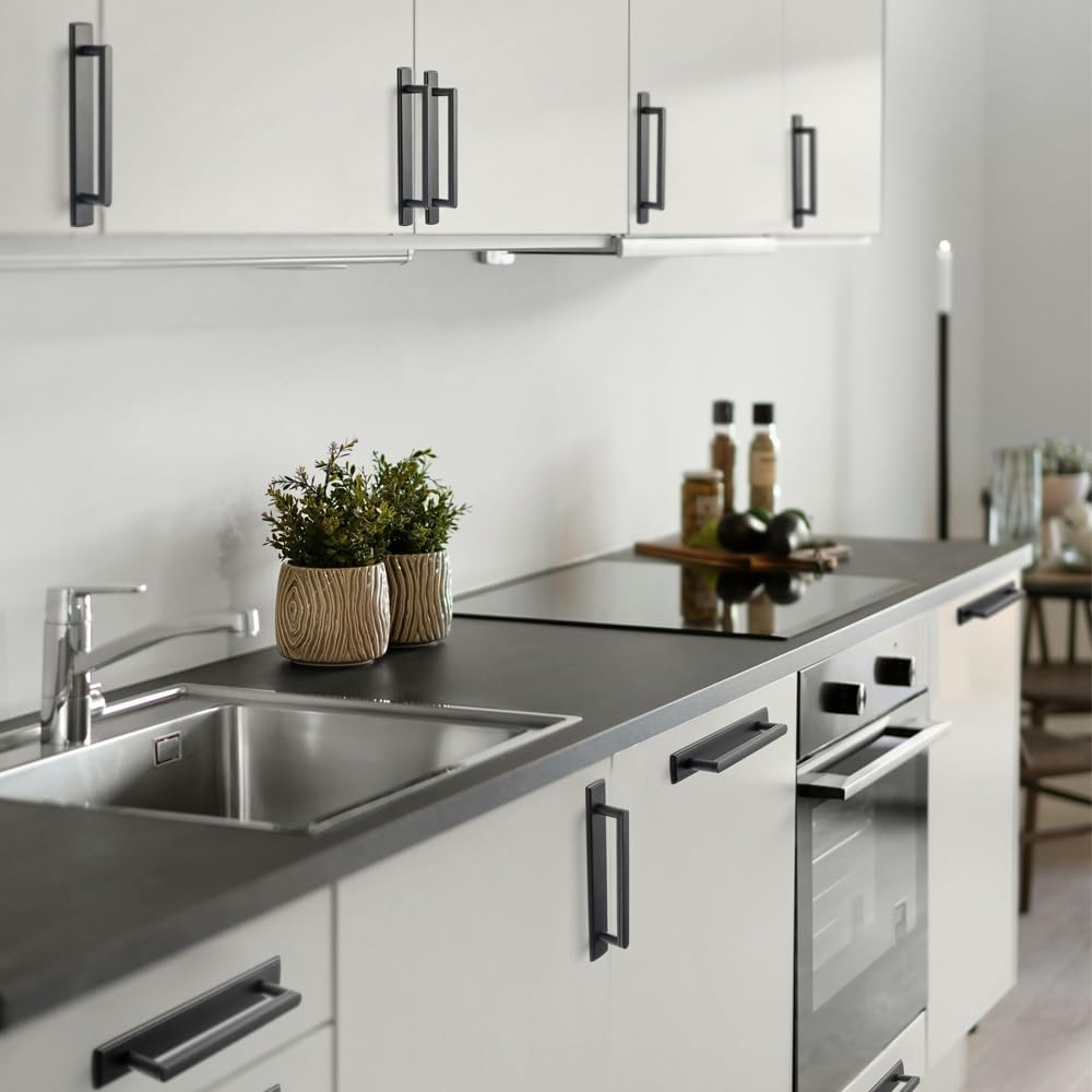 Goo-Ki 2 Pack 5 Inch Matte Black Cabinet Pull Handle with Backplate – Decorative Grooved Texture & Non-Slip Grip for Farmhouse/Industrial Kitchen Cabinetry