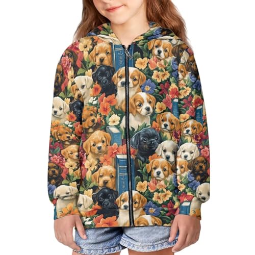 WELLFLYHOM Puppy Dog Zip Up Kids Sweatshirts Girls Size 11-13 Graphic Long Sleeve Hoodies Kangaroo Pockets Athletic Zipper Book Lover Sweater Shirt Novelty Top for Fall Winter Spring