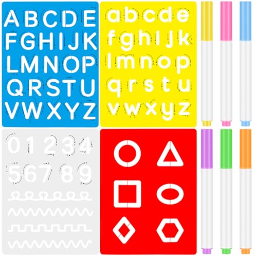 Gersoniel 10 Pieces Preschool Letters and Numbers Alphabet Stencils Colorful Double Sided Tracing Board PET Paint Boards with Craft Markers Marker Paint Pens Preschool Learning Toys