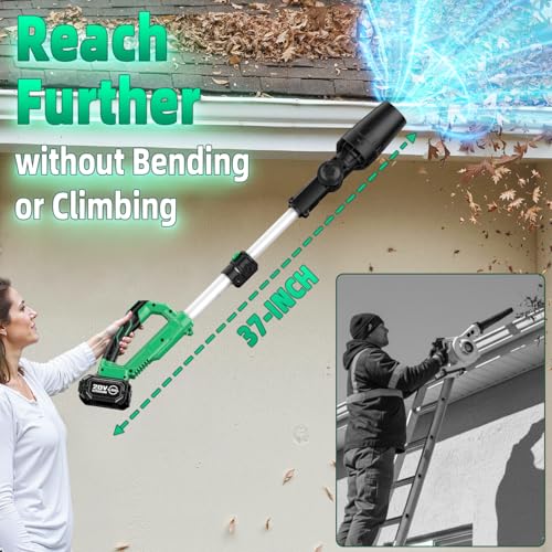 Image of KIMO Leaf Blower Cordless with Battery and Charger, 310000RPM, 37Inch Telescopic Pole, 750CFM 280MPH, 3Speeds w /Smart Panel, Lightweight 2.5Lb, 2PCS 4000mAh Battery Operated Leaf Blower for Gutters