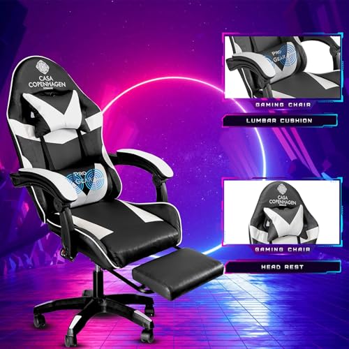 Image of Casa Copenhagen Designed in Denmark,High-Back Italian Leather Gaming Ergonomic Chair with Advanced Mechanism & Electric Back Massager, Memory Foam Seating & Multi Function Arm-Rest - White & Black