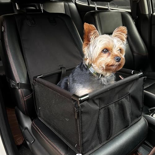 CALIYO Hundesitz Auto für kleine Hunde, Extra Stabiler und Wasserdichter Hundeautositz mit verstärkten Wänden & Sicherheitsgurten, Schwarz