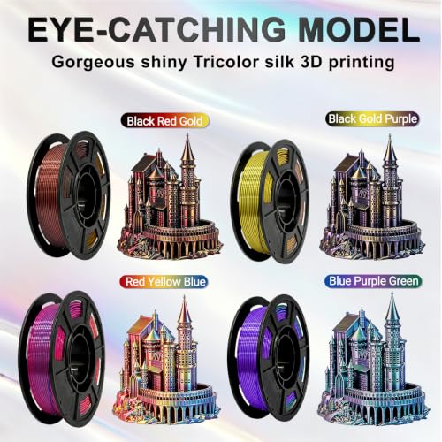 Image of Tricolor Silk PLA+ 3D Printer Filament Bundle, Shiny Silk PLA+ Filament 1.75mm Pack, Shiny Multi Color Change, Smooth Multicolor PLA+ Filament for Christmas Decorations - 4 Spools 250g Each