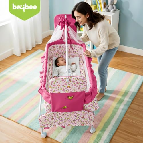 Image of BAYBEE Baby Cradle and Swing for Newborn Babies with Mosquito Net, Portable Jhula with 360 Wheel Lock, Sleeping Swing Bassinet, Uyyala Palna for 0-12 Months Boys & Girls (Pink)