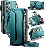 Strapurs Crossbody Wallet Case Compatible with Samsung Galaxy S22 Ultra 5G RFID Blocking 10-Card Holder Soft PU Leather Magnetic Snap Strap Zipper Pocket Phone Case Fit for Galaxy S22 Ultra,Bluegreen