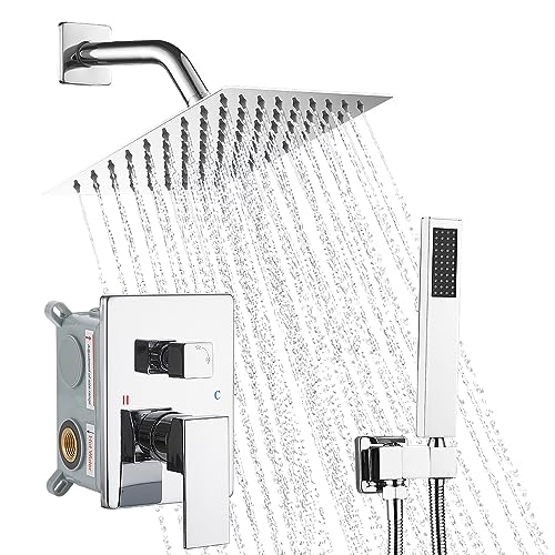 Image of Chrome Shower System, 8 Inch High Pressure Rain Shower with Handheld, Wall Mount Shower Faucet Set for Bathroom, Rough-in Valve Body and Trim Included