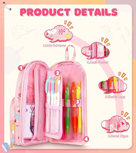 Image of Dravina Canvas Large Capacity Pencil Pouch with 3 Zippers & 5 Compartments| Aesthetic Stationary Standing Pencil Case| Waterproof School Box for Girls & Boys Unicorn Pencil Box (Pink Unicorn)