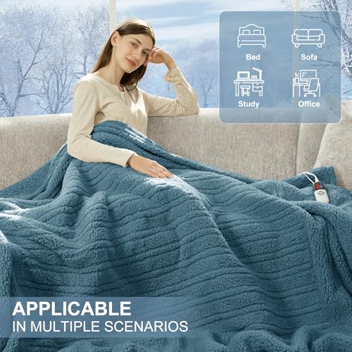 Heated Blanket Throw 50"X60" - Soft Double Sided Sherpa Electric Blanket Throw with 5 Heatings Levels & 4 hrs Auto Shut Off, Overheat Protection & ETL Certified for Women(Blue)