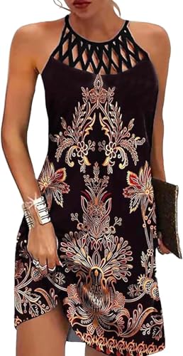 Image of LOVESHOOT Summer Dresses for Women 2026 Casual Floral Hollow Out Halter Neck A-line Sundress for Beach Vacation with Pockets