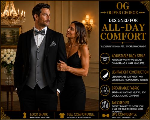 Image of Oliver George 4pc Men's Solid Formal Suit Waistcoat Tuxedo Dress Vest Necktie Bowtie Handkerchief Set for Suit or Tuxedo