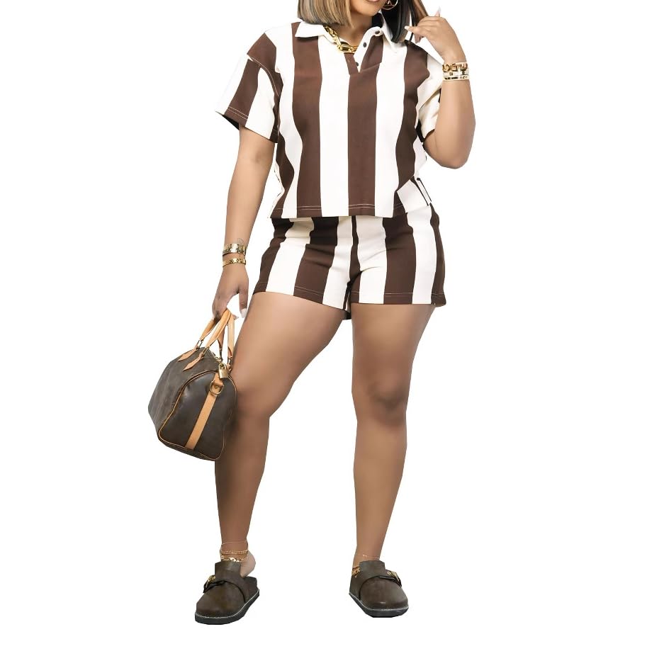 Women's Summer Tracksuits 2 PCS Striped Color Block Lapel Neck Button Long Sleeve Top Elastic Waisted Shorts Set