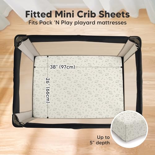 Image of 2 Pack and Play Sheets, Waterproof Mini Crib Sheets Fitted - 38x26 Organic Cotton Pack N Play Sheets for Graco Pack and Play Mattress, Playard Baby Crib Sheets,Neutral for Boy,Girl,Toddler(Pine Grove)