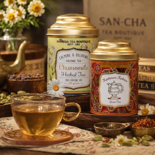 Image of Sancha Tea Boutique, Tea Combo Pack, Chamomile Flower (50g) & Kashmiri Kahwa Teas (75g), Loose Leaves, Real Kahwah & Caffeine Free Herbal Tisane