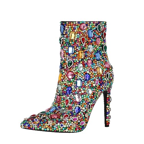 Women's Rhinestone High Heel Boots，Glitter Side Zipper Ankle Boots Sparkly Cowgirl Pointed Toe Stiletto Heel Party Prom Boots