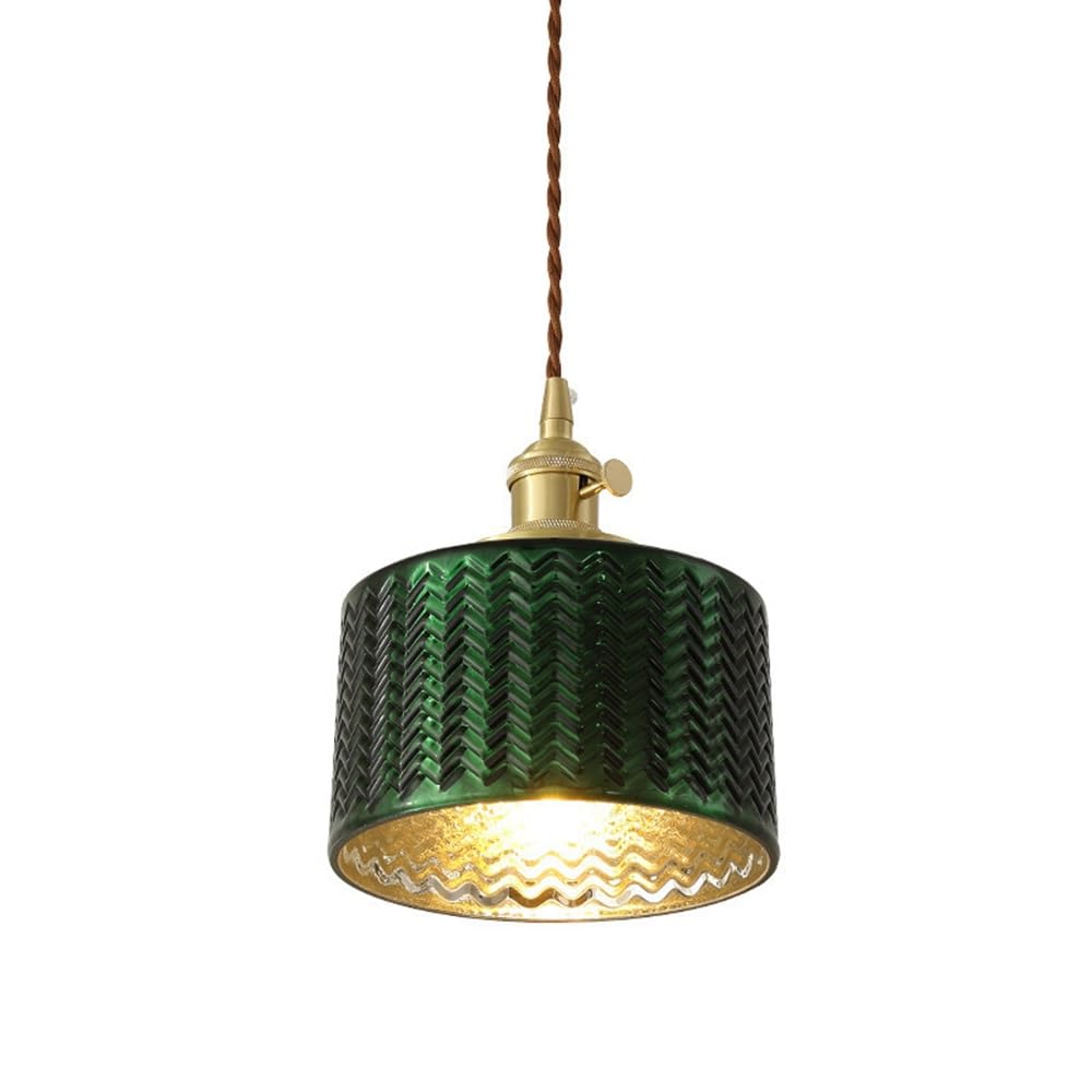 NHPJFDC French Retro Pendant Light Green Fluted Glass Hanging Lamp 6.7-Inch Brass Cylinder Ceiling Fixture for Kitchen Island Bedroom Study Cafe E26 Cord 59.1"