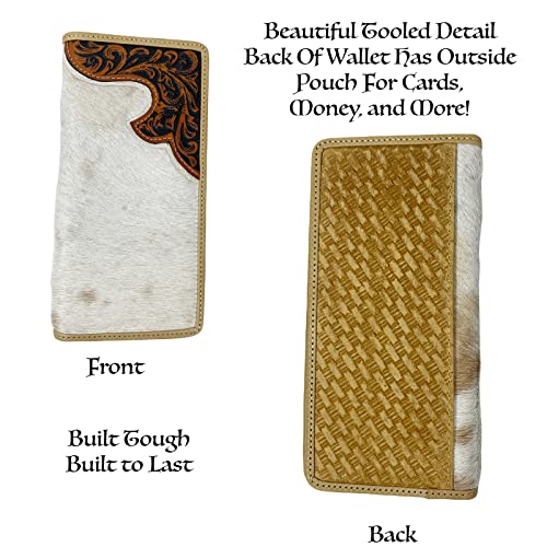 Urbalabs Western Cowboy Leather Long Wallets for Men Cowhair Checkbook Tooled Wallet Tri Cross Bifold Long Cowboys Billfold Hand Stitched Rodeo RFID Blocking Mens Long Wallet Rodeo Style Cowboy Up (Brown)3