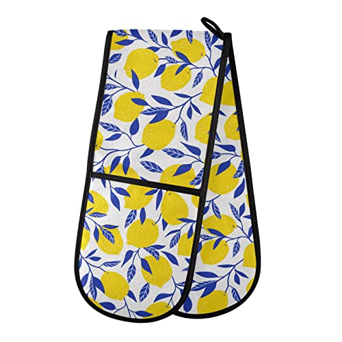 Double Oven Glove Yellow Lemon Pattern Heat Resistant Double Ovens Mitt Modern Cooking Gloves Potholders