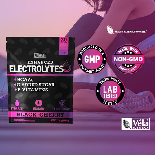 Image of Enhanced Electrolyte Powder Stick Packs (Black Cherry | 20 Packets) w / 0 Sugar +BCAAs +B-Vitamins Electrolyte Supplement w Potassium Zinc & Magnesium for Hydration - Keto Electrolytes