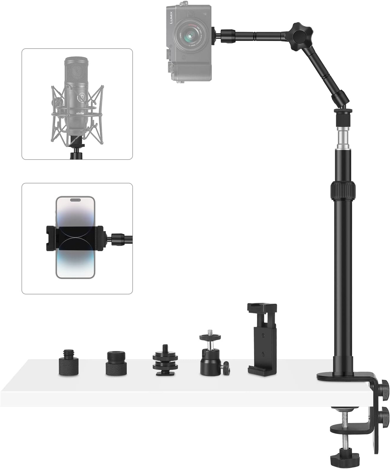 ObeamiuWebcam Stand Overhead Camera Mount 11 Inches Magic Arm with 1/4'' 3/8'' 5/8'' Screw, 22.3'' Desk Mic Stand for Logitech Webcam C930e C920 C922x, GoPro Hero, Blue Yeti Snowball Ice, Lights