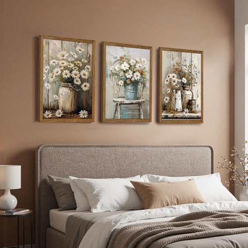 Image of DUWQU Triptych Rustic Farmhouse Daisy Framed Canvas Wall Art 12x16 inch x3