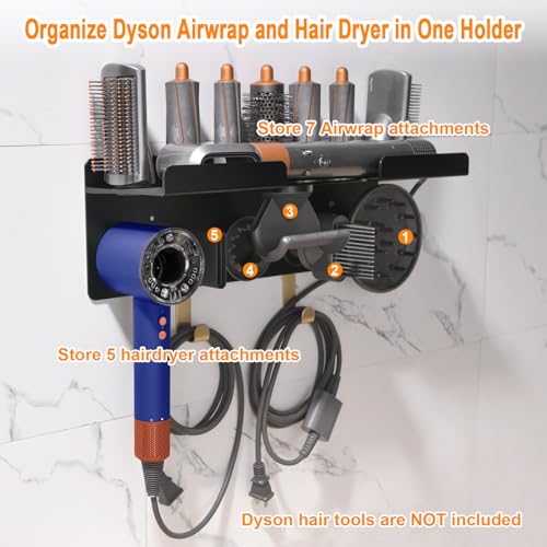 Wall Mount Holder Compatible for Dyson Hair Dryer Supersonic Nural Airwrap Hair Styler, Upgraded 2in1 Dyson Airwrap Holder Dyson Hair Dryer Holder for 5 Dyson Hair Dryer Attachments Chorten Nyima