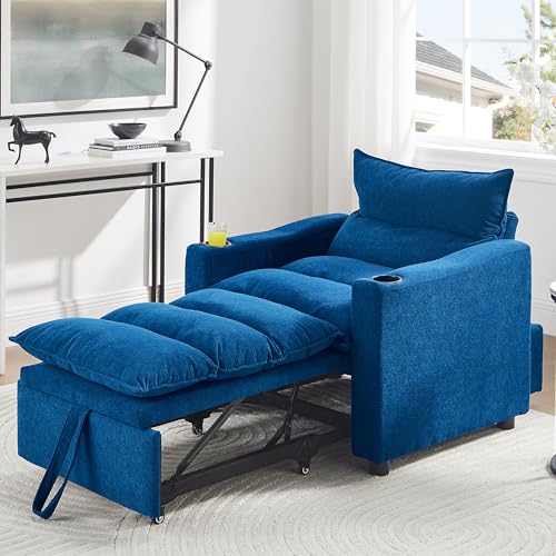 INTERHOMART Sleeper Chair, 3 in 1 Convertible Pull Out Chair Sleeper with Bracket and Cup Holder, Chairs Bed Sleepers for Adults, Adjustable Sofa Bed Chairs for Living Room, Small Spaces, Blue