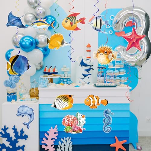 Image of 48 Pieces Sea Animals Hanging Swirl, Under the Sea Animals Fish Birthday Ocean Party Ceiling Decor Tropical Fish Beach Party Favors for Boys Girls Ocean Mermaid Creatures Baby Shower