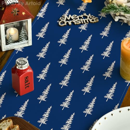 Image of Artoid Mode Blue Xmas Tree Christmas Table Runner, Seasonal Winter Kitchen Dining Table Decoration for Home Party Decor 13x72 Inch