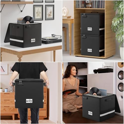 Ohwekit Caixa de armazenamento de discos de vinil com fechadura, 2 pacotes de organizador de discos