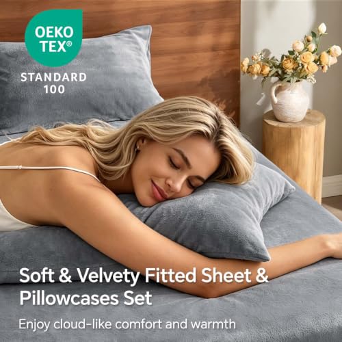 Image of BEDELITE Flannel King Fitted Sheet & Pillowcases Set, Grey, 3 Pieces | Ultra Soft Plush Fleece Bed Sheet with Elastic Corner Straps, 16 Inch Deep Pocket, Fuzzy All-Season Gift & Room Decor