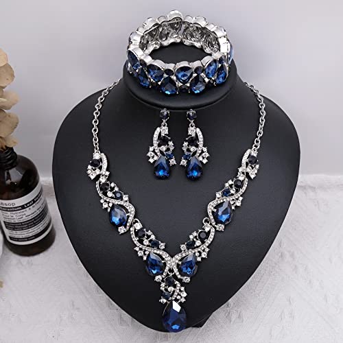 CSY Women's Elegant Bridal Necklace Earrings Stretch Bangle Bracelsts Set for Bride Bridesmaid Wedding Teardrop Crystal Costume Jewelry Sets3