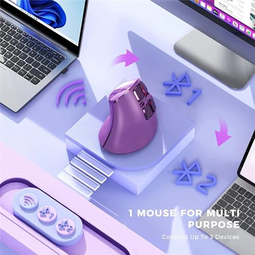 Image of Vertical Mouse, Wireless Ergonomic Optical Mouse (BT 5.0 + Bluetooth 3.0 + USB Connection) with 9 Buttons, Rechargeable Computer Mouse for Wins PC /Laptop, Mac (Purple)