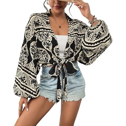 Eddoyee Women's Deep V Neck Tie Front Knot Wrap Tops Long Lantern Sleeve Casual Boho Blouses Loose Tunic Self-tie Shirts Black Cover