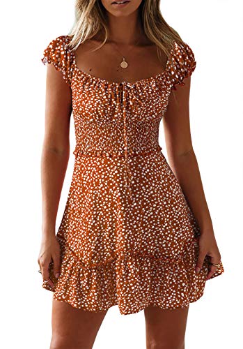 Image of Valphsio Womens Smocked Dress Ruffle Floral Tie Front Boho Short Dresses