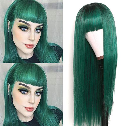 Freyja Long Straight Hair Dark Ombre Green Wig With Bangs Synthetic Cosplay Wig Heat Resistant Fiber Hair for Women Colorful Costume Wigs Full Machine Made 24 Inches