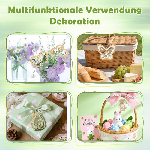 PIujsym 24 Stück Osterdeko Anhänger Holz, Frühlingsdeko zum Aufhängen, Ostern Deko Outdoor & Fenster, Hasen Ostereier Schmetterlinge Blumen Osteranhänger Set, Farbenfroher Osterschmuck