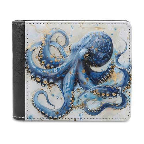 Blue Octopus PU Leather Wallet Bifold Wallet Coin Purse Money Clip Card Holder for Women Men