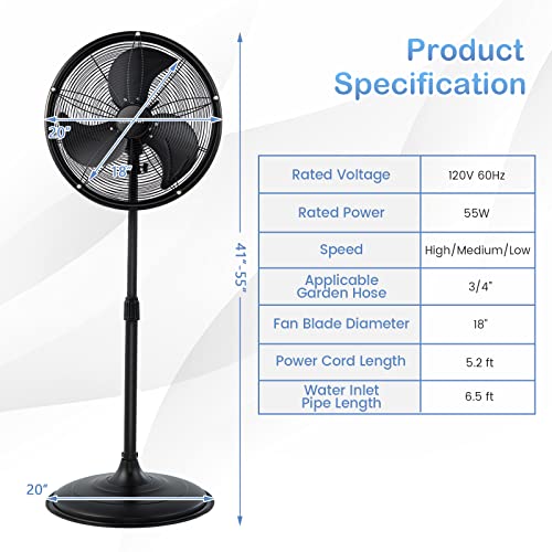 Costway Outdoor Misting Fan, 20-Inch Pedestal Fan With Adjustable Height, 3 Speeds, 90° Oscillation, Rustproof Steel Frame And 6.5 Ft Water Inlet Pipe, Oscillating Fan For Cooling Outdoor Spaces #TOP4
