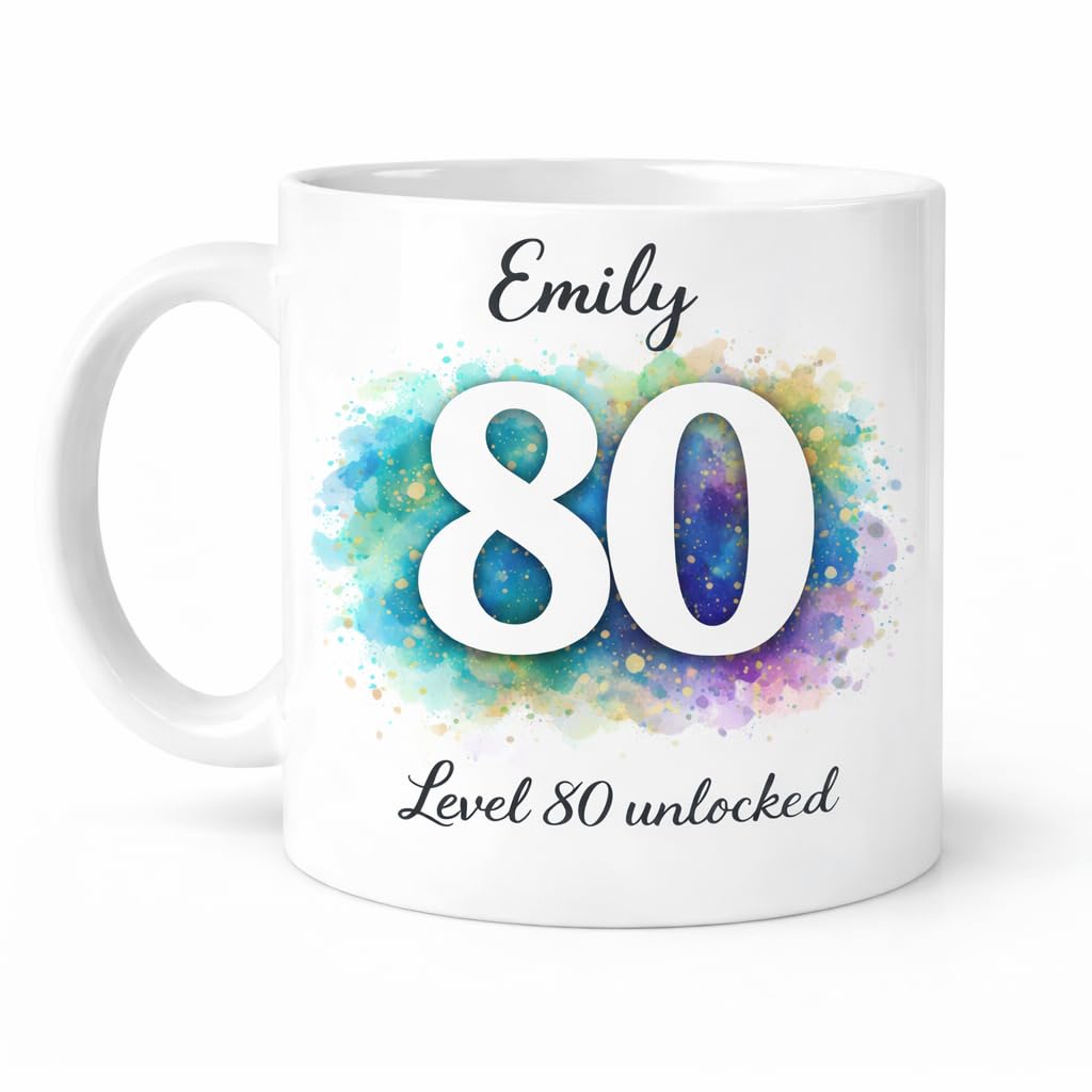 Brew Crew Gifts Personalised Milestone 80th Birthday Mug, Watercolour Splash Design, White Ceramic, 11 oz, Customisable Name and Slogan, Dishwasher Safe