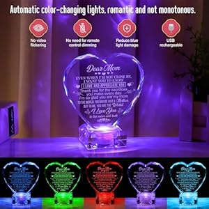 Unique Mom Gifts Love Crystal Gifts for Mothers Day Birthday Engraved Crystal Heart with Rechargeable Color Changing LED Base Perfect Mothers Day from Daughter Son Mom